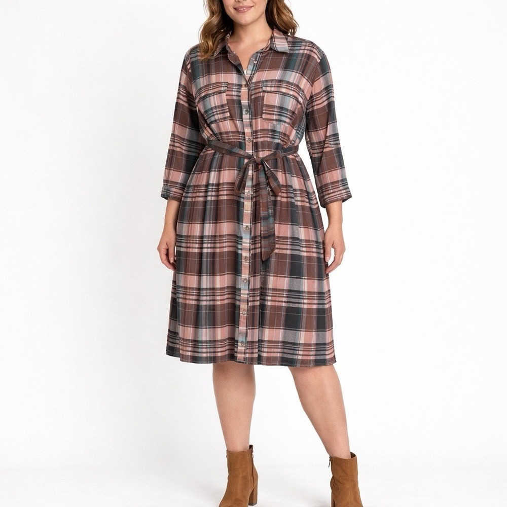 NEW Baacal Anthropologie‎ Lauren Plaid Shirt Dress Womens 1X Midi Belted Button